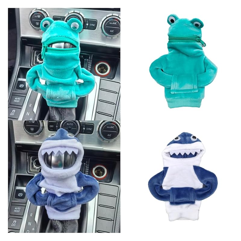 Kit com 2 capas para manopla de câmbio em formato de animais smilfuy, tubarão azul e sapo verde
