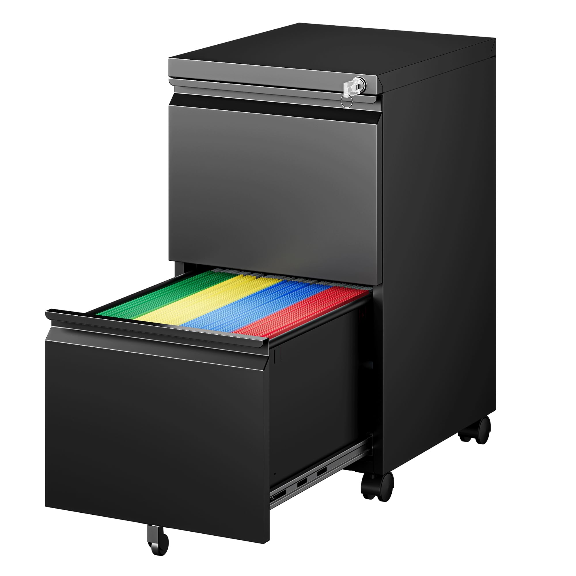 PEUKC 2 Drawers Mobile File Cabinet with Lock, Under Desk Rolling File Cabinet for Home Office, Organizes Letter Legal A4 Files, Black(Pre-Assembled)