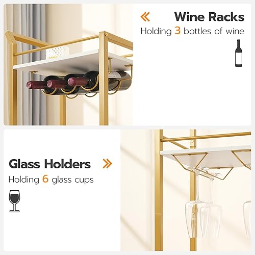 Miniatura 8 de Carrito de bar para el hogar, carrito de cocina de 3 niveles con estante para vino y soportes para vidrio, carrito de servicio con ruedas, carrito