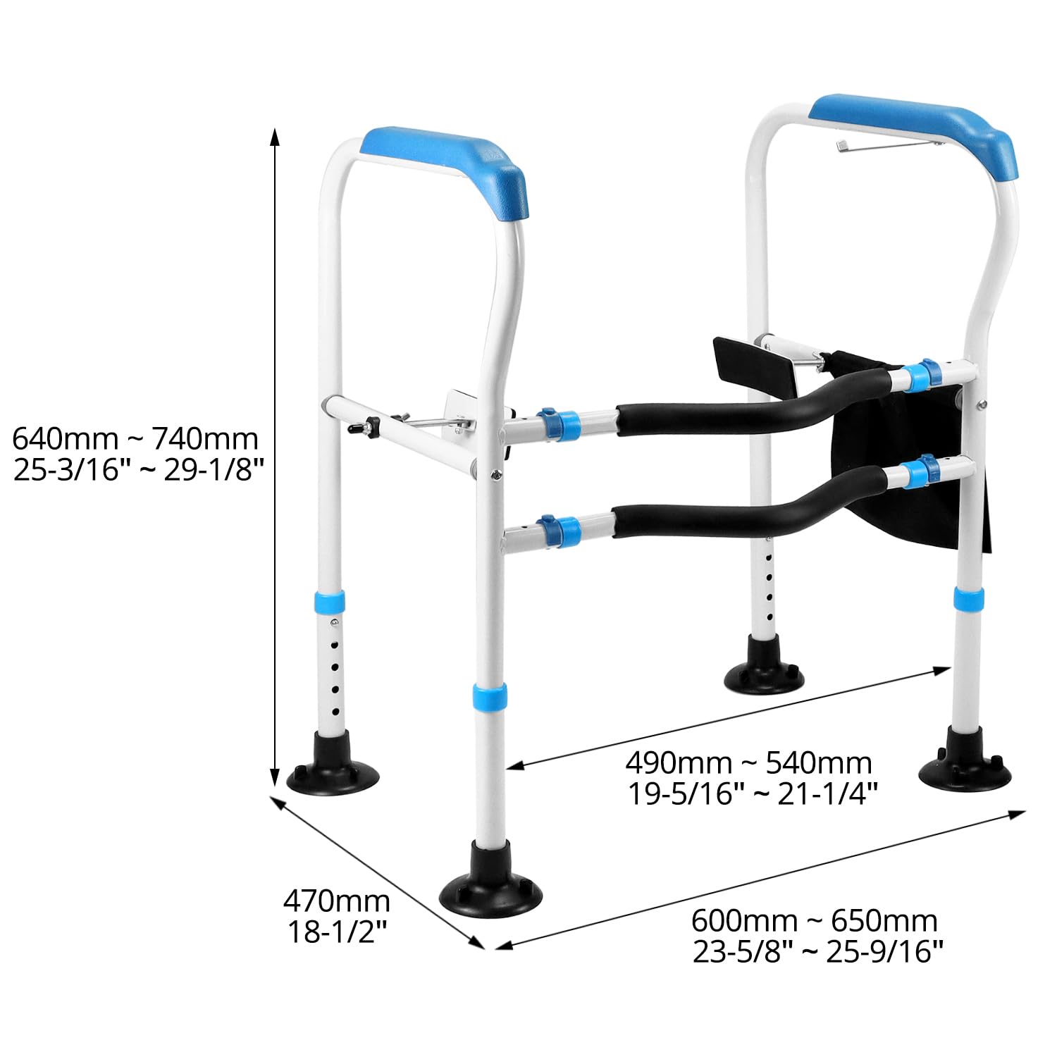 QWORK® Ausilio per il sollevamento della toilette - Maniglione ergonomico, Altezza regolabili (64-74cm) e larghezza regolabili, Piedini a ventosa rinforzati