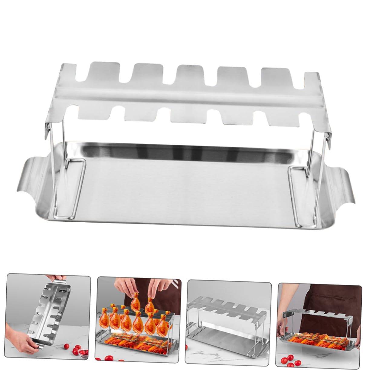 VILLCASE Soporte para Pollos Asados Plegable de Acero Inoxidable Resistente al Calor con Bandeja para Barbacoas al Aire para Camping y Fiestas Jardín para Asar Muslos y Alitas sin Volteo