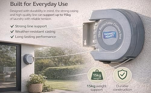 Retractable Clothesline 15 Metre Clothes Drying Space Heavy Duty Washing Line Multidirectional Wall Bracket, Space Saving, pulled tight & Secure, Grey - Image 3