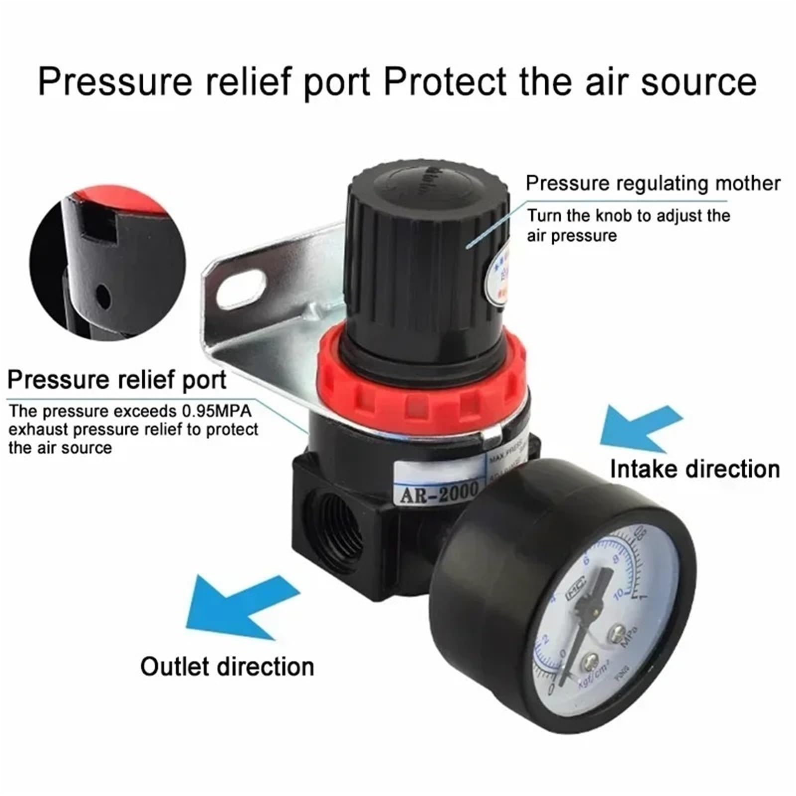AR2000 - Regolatore pneumatico di pressione dell'aria da 1/4", con manometro regolabile, controlla la pompa del compressore e regola le unità di trattamento (AR2000 w PC12 mm, 1 pezzo)