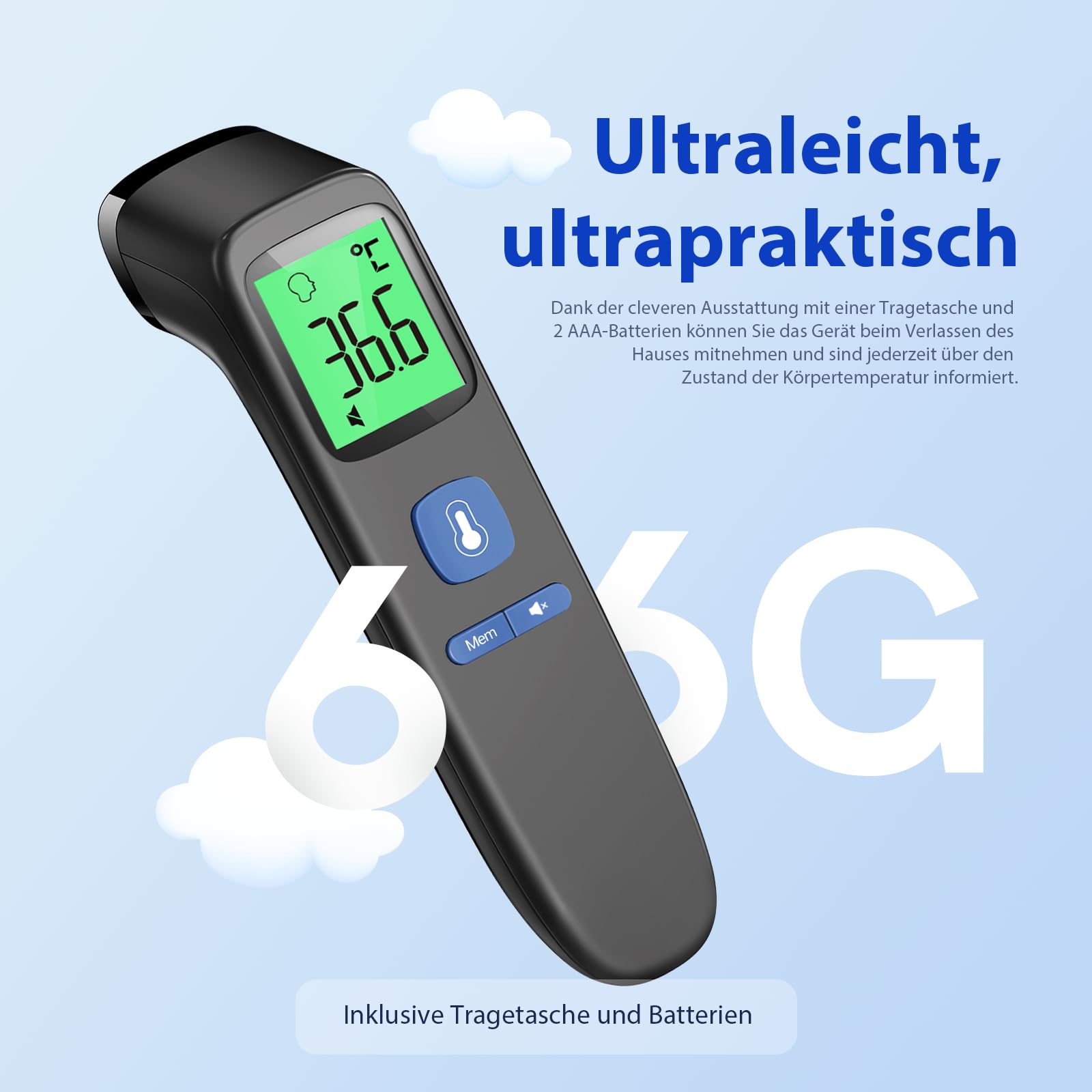 Fieberthermometer Kontaktloses Stirnthermometer, digitales Infrarot-Thermometer für Babys und Erwachsene mit sofortiger Messgenauigkeit und Fieberalarm, Schwarz