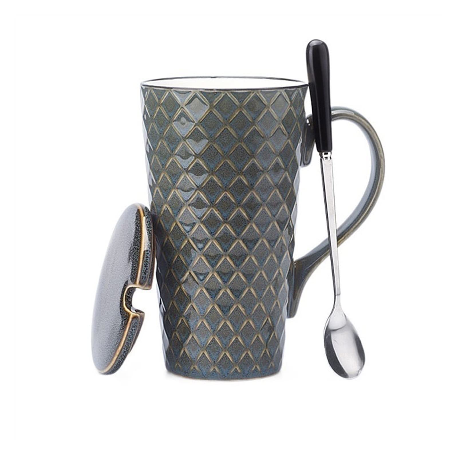 Taza de café de cerámica, Cuchara de cerámica de 500ML con Tapa, Taza de Gran Capacidad, Taza Creativa de Estilo nórdico para Beber (Azul)