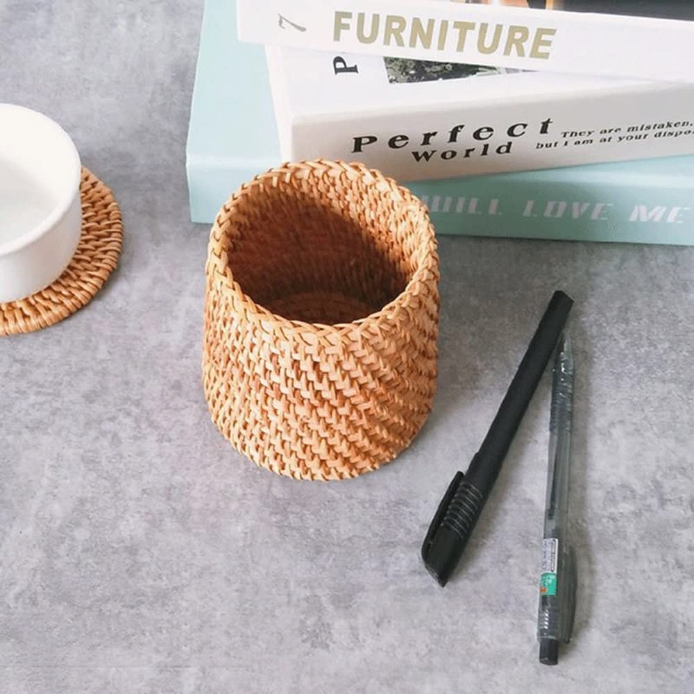 Portapenne fatto a mano in legno intrecciato a mano in vigna rattan contenitore di cancelleria scatola di immagazzinaggio organizer for ufficio, scuola, accessori da scrivania(1code)