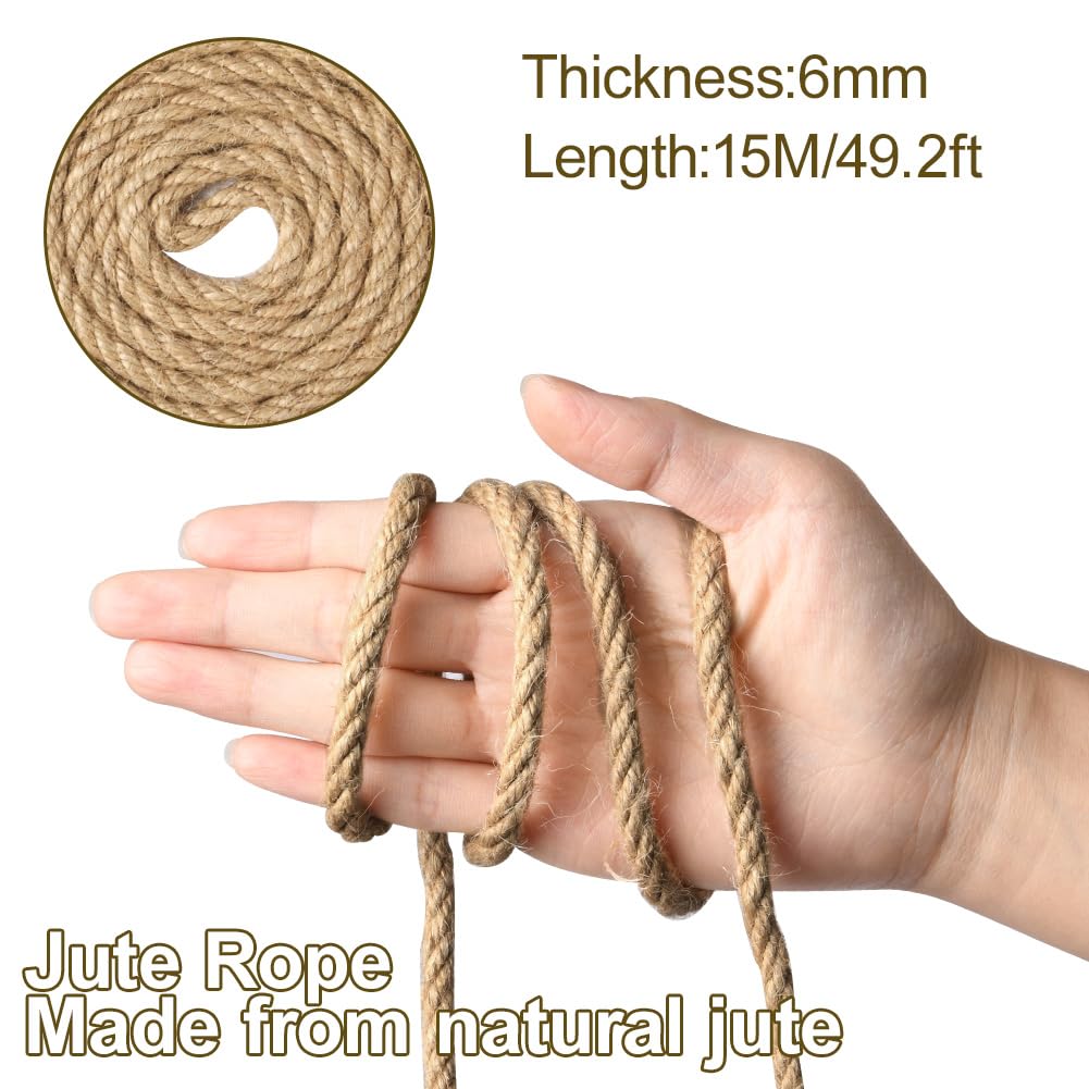 vsshe 15m Jute Rope, 6mm Thick Jute Twine String, Natural Braided Jute Garden Rope for Cat Scratching Post Ropes Gardening - Image 2