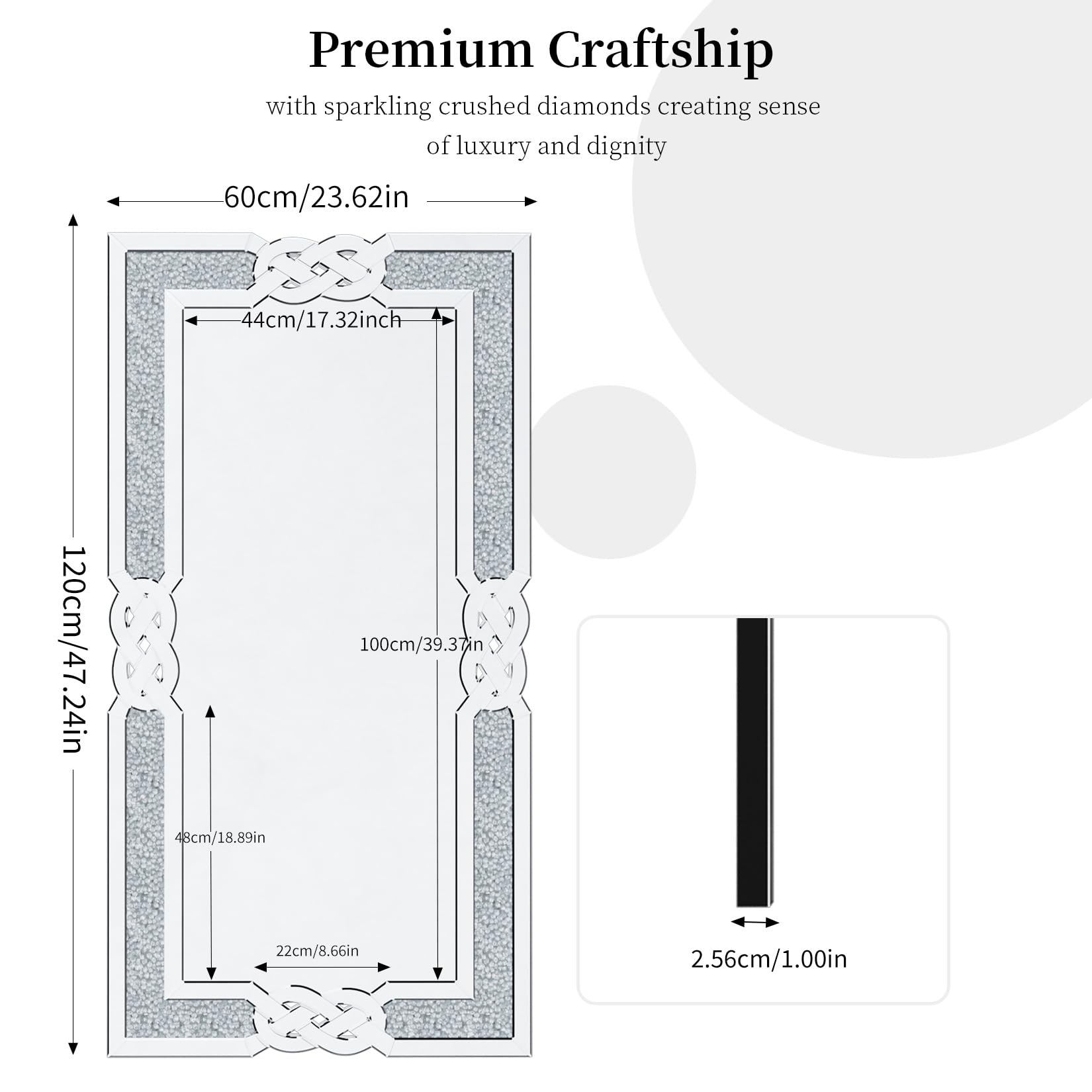 Wandspiegel Kristall Spiegel 120×60cm: Luxus Groß Wohnzimmerspiegel mit Rechteckiger Rahmen, Modern HD Dekospiegel Silber für Wohnzimmer Schlafzimmer