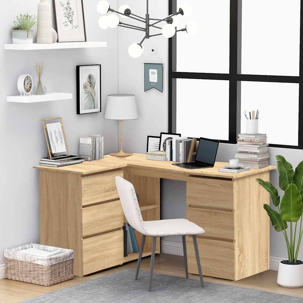 Scrivania angolare in legno di rovere Sonoma, 145 x 100 x 76 cm, con 4 cassetti e ripiani, per ufficio, studio, casa, organizzazione e postazione di lavoro