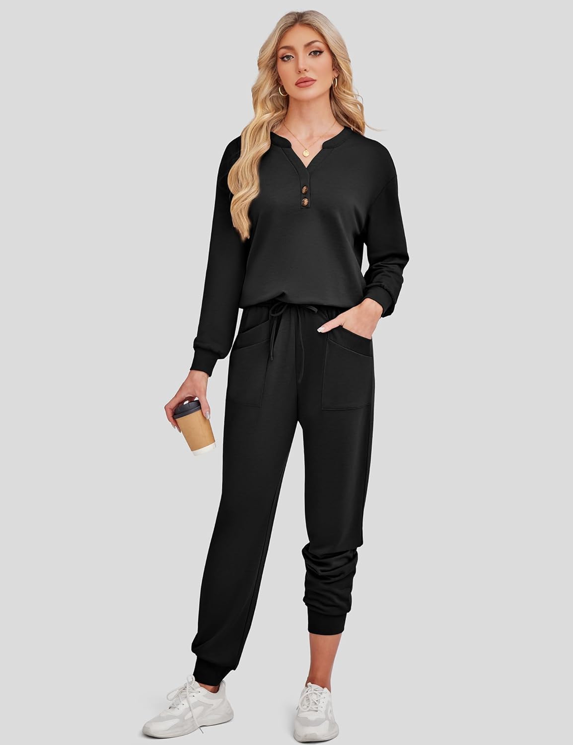 SHESHOW Women Two Piece Outfits Lounge Sets V-neck Button Down Sweatshirt High Waisted Joggers Trendy Tracksuit S-XXL - Image 7