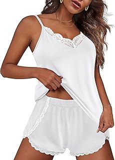 Ekouaer Pajama Sets for Women Lingerie Sleepwear 2 Piece Cami Split Short Set V Neck Lace Pjs