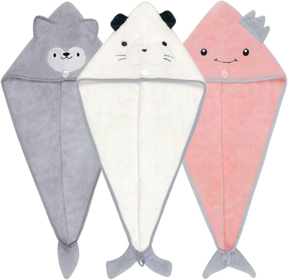 Microfiber Hair Towel with Button - pocova Original Magic Instant Hair Dry Wrap for Women Rapid Drying Hair Turban, 3 Pack Hair Care Cap for a Bath 3 Color (Blue Pink and Grey): Kitchen & Dining