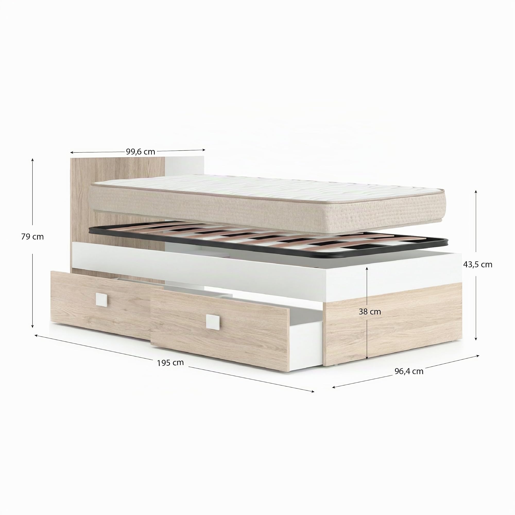 DEKIT - Pack Ahorro Juvenil Cama Dina con cajones, Armario, mesita y cómoda con 1 Colchón viscoelástico Nova 90x190cm y 1 Somier de Lama Ancha