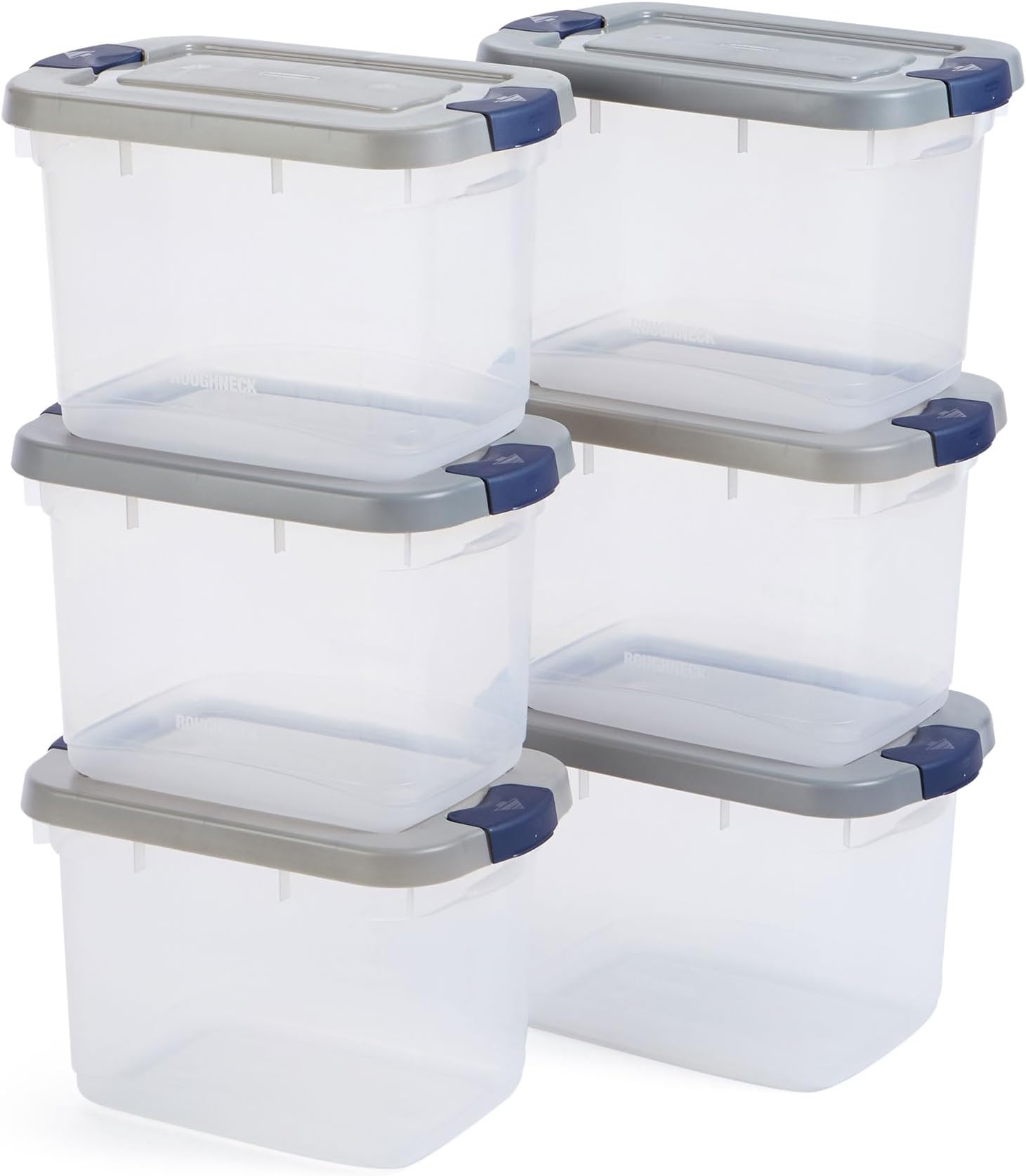 Rubbermaid Rough Neck Clear 19 Quart/4.75 Gallon Storage Containers (6 Pack) with Snap-fit Grey Lids - View Bases, Sturdy and Stackable, Perfect for Storage and Organization