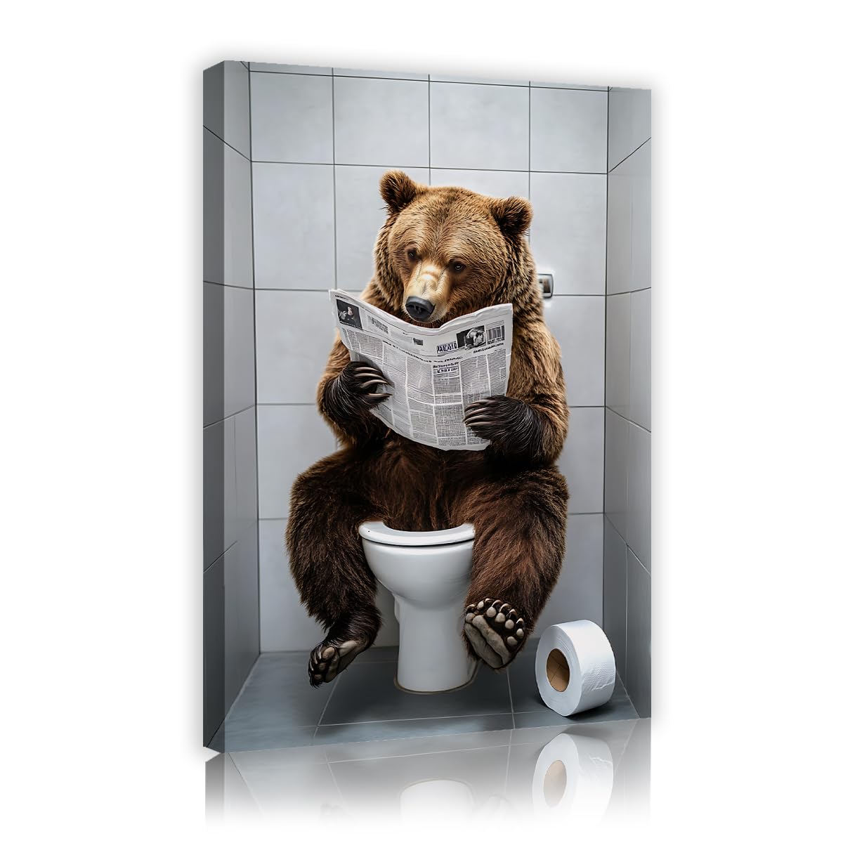 Via Vela Fbh17 Humorous Animal Canvas Wall Art Funny Grizzly Bear On Toilet Commode Painting Reading Newspaper Paper Picture Mural For Bathroom Restroom Toilet Decor 80X120cm