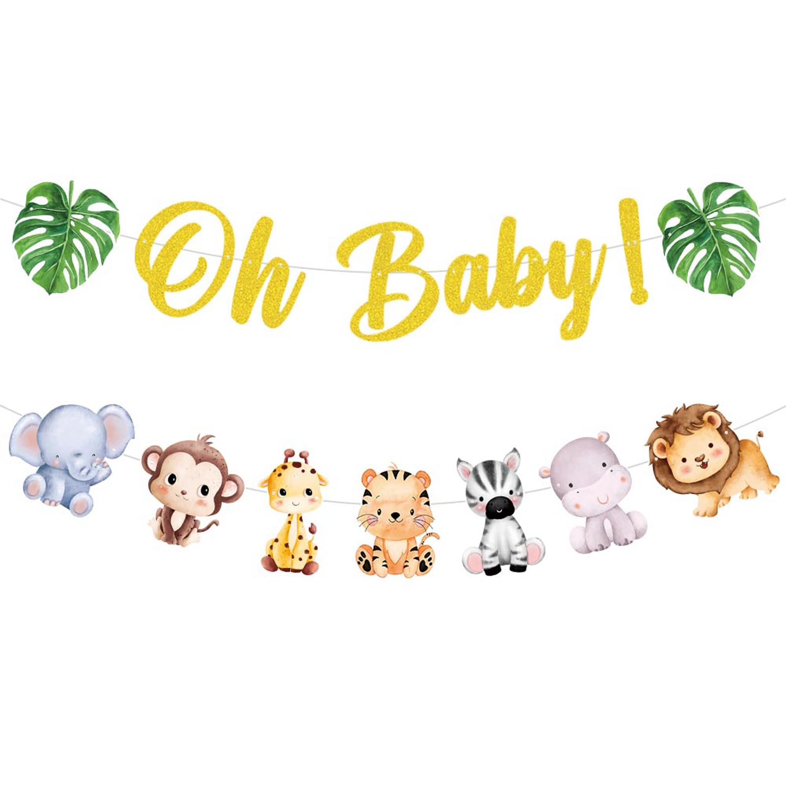 Gold Green Oh Baby Banner Sign Jungle Animals Forest Wild Safari Themed Banner Bunting Hanging Paper Welcome Baby Baby Shower Party Decorations Supplies