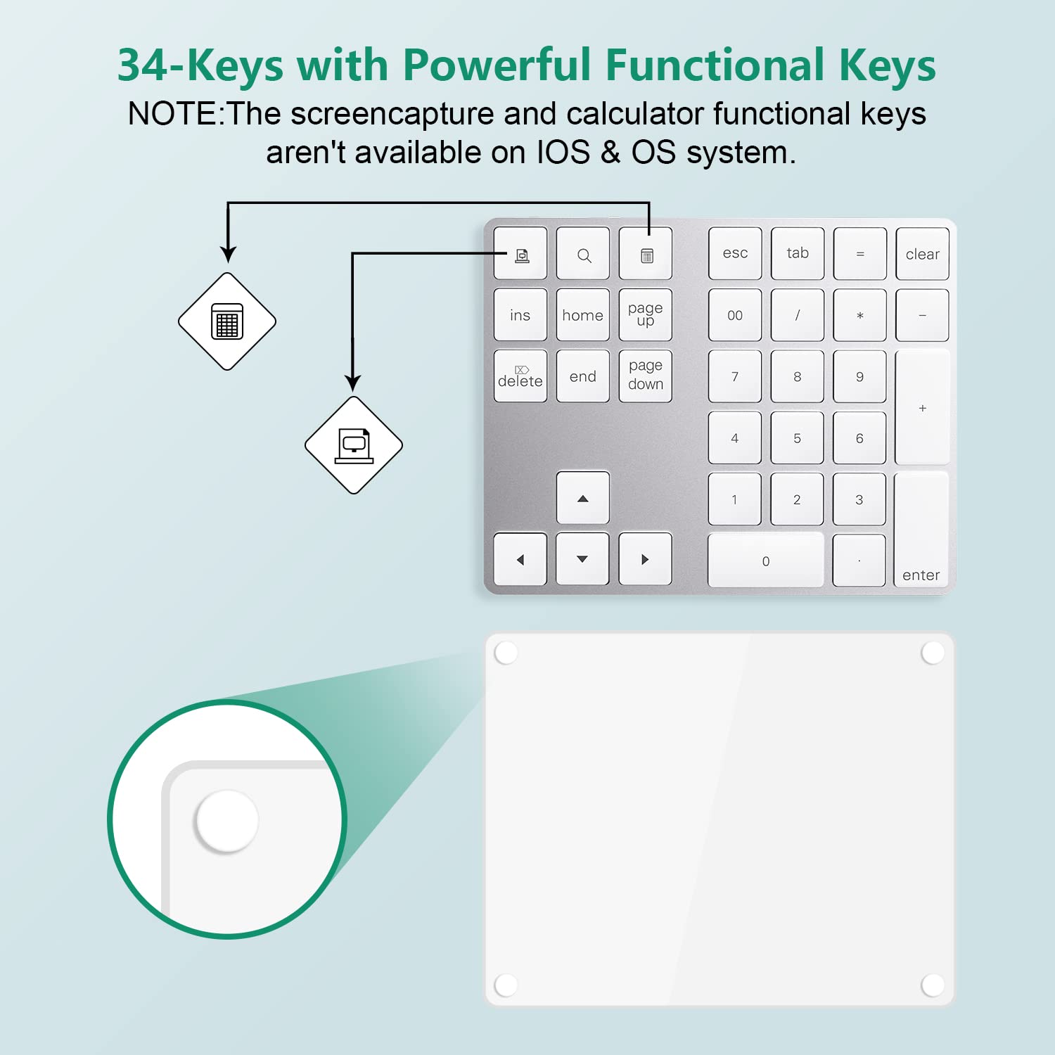 Pavé Numérique sans Fil, Clavier Bluetooth à 34 Touches Clavier avec Câble USB Compatible avec Windows, iOS, système Android, Argent