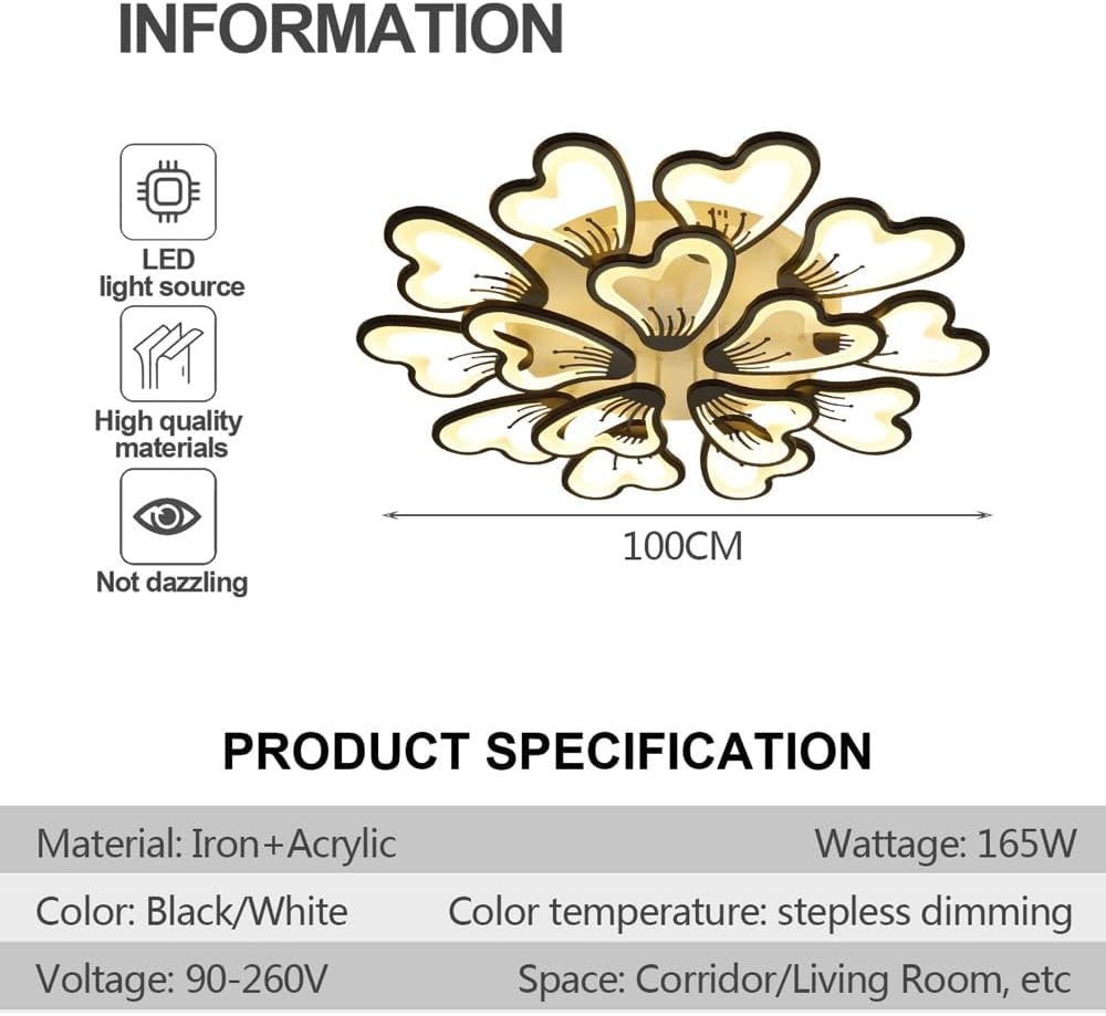 39" Ceiling Light, 165W Dimmable LED Flower Shape Ceiling Light Fixture with Remote Control, Modern Acrylic Flush Mount Ceiling Light for Living Room, Bedroom, Dining Room, Kitchen