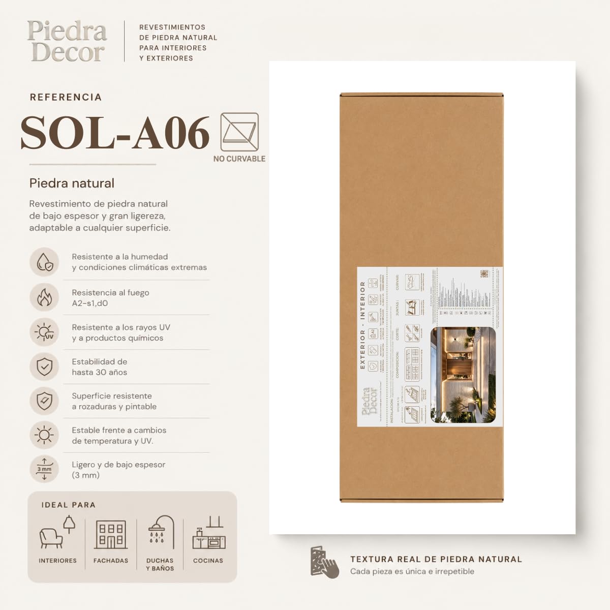 Panel piedra flexible PIEDRA LINEAL SOL-A06 60x120 cm - 3-5 mm ultrafino, ligero, curvable, resistente, interior y exterior, sin obra, textura real x4 uds acabado premium.