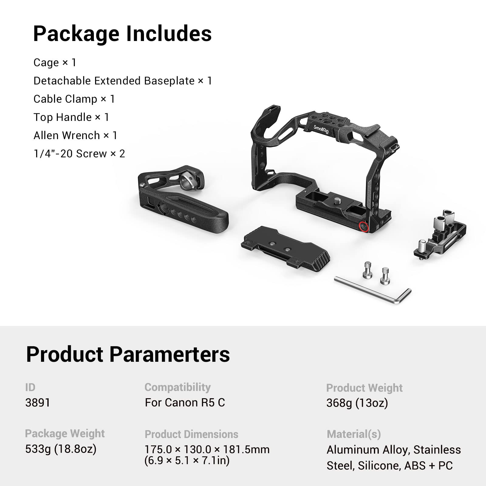 SMALLRIG R5C Camera Cage Handheld Kit para Canon R5 C con Top Handle, Full Cage, HDMI y USB-C Cable Clamp - 3891