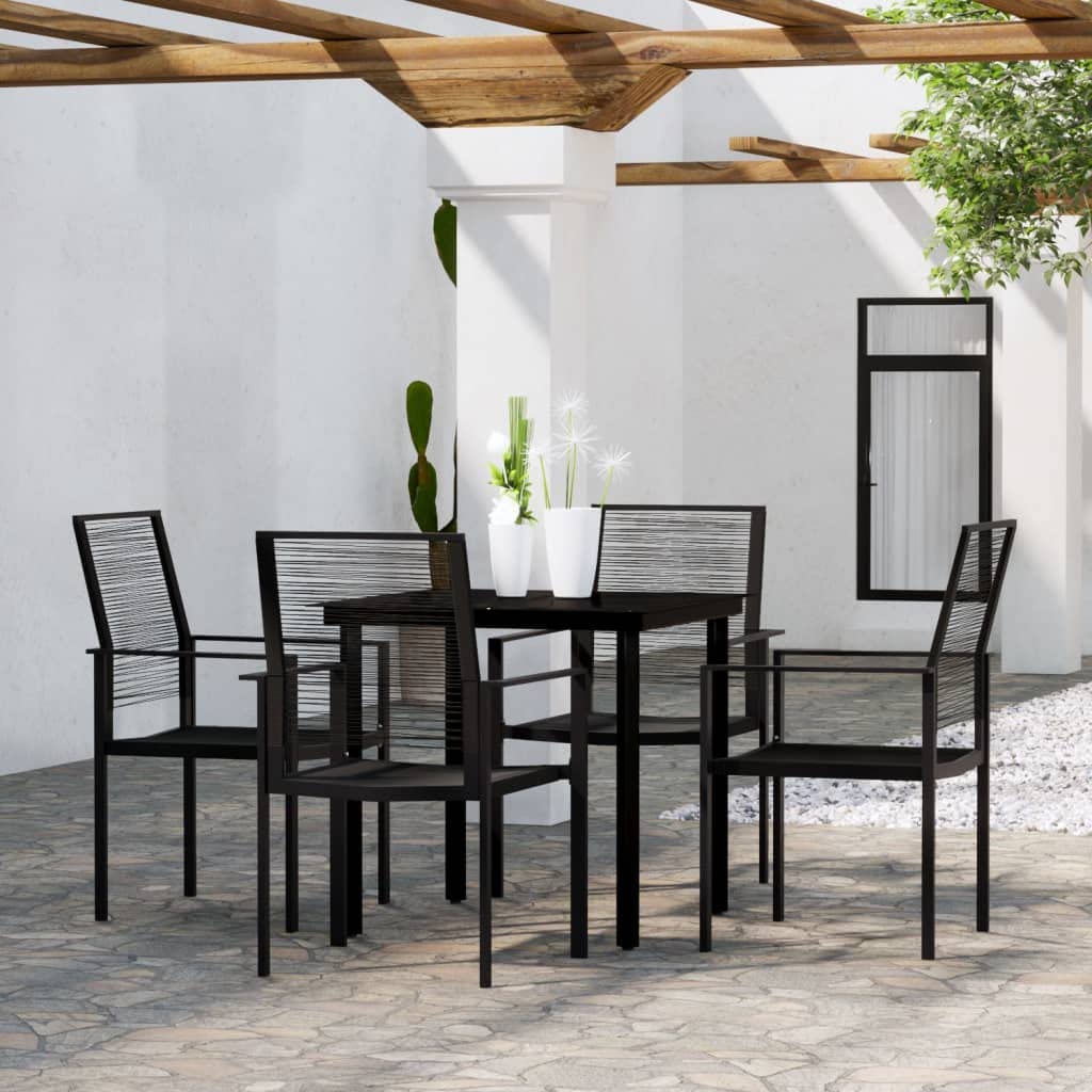 Salon de jardin 5 pièces en acier pulvérisé noir et plateau de table en verre d'extérieur