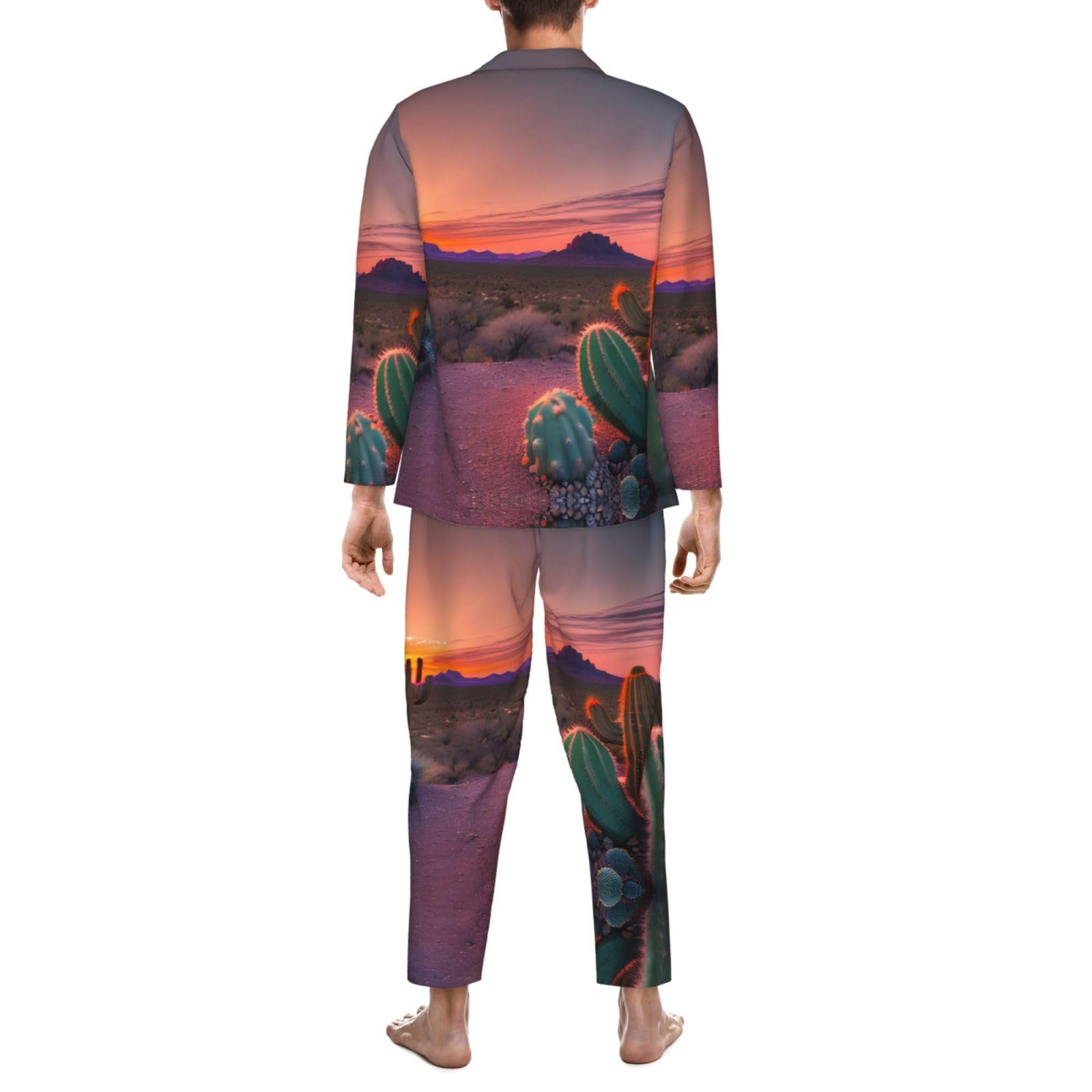 Set di pigiama da uomo morbido a maniche lunghe, motivo cactus desertico tramonto, nero, XL, Nero , X-Large