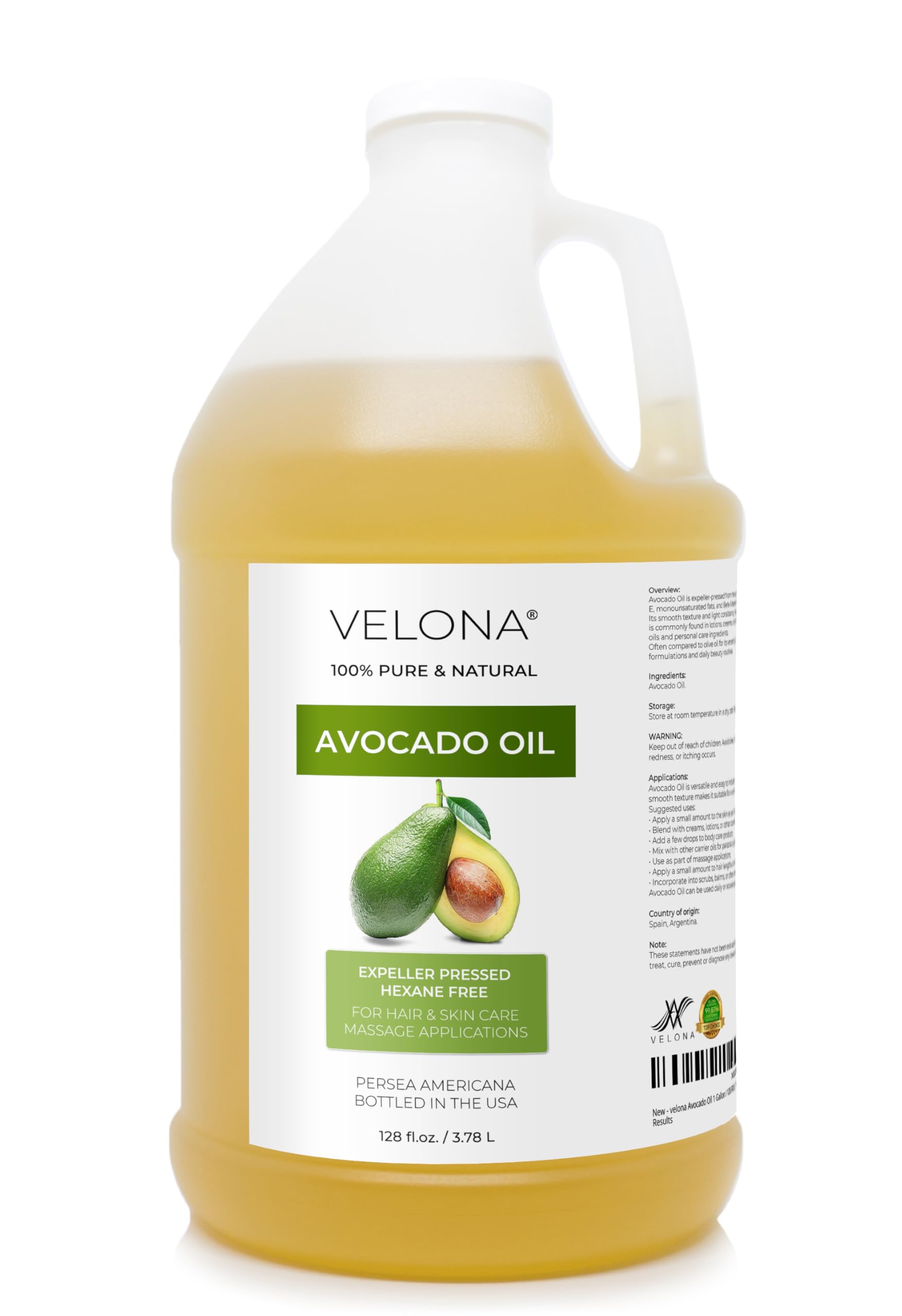 Velona Avocado Oil, 1 Gallon, Expeller Pressed Carrier Oil