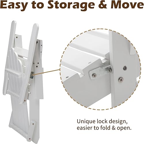 Miniatura 5 de DJL Juego de 4 sillas Adirondack de madera para exteriores, color blanco, plegables para patio, terraza, porche, césped, piscina, patio, jardín,