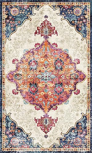 Dripex 3x5 Area Rugs, Machine Washable Non Slip Boho Carpet,Distressed Entryway Doormat,No Pile Lightweight Vintage Rug, Smal Carpet for Front Entrance,Office Bedroom,Multi