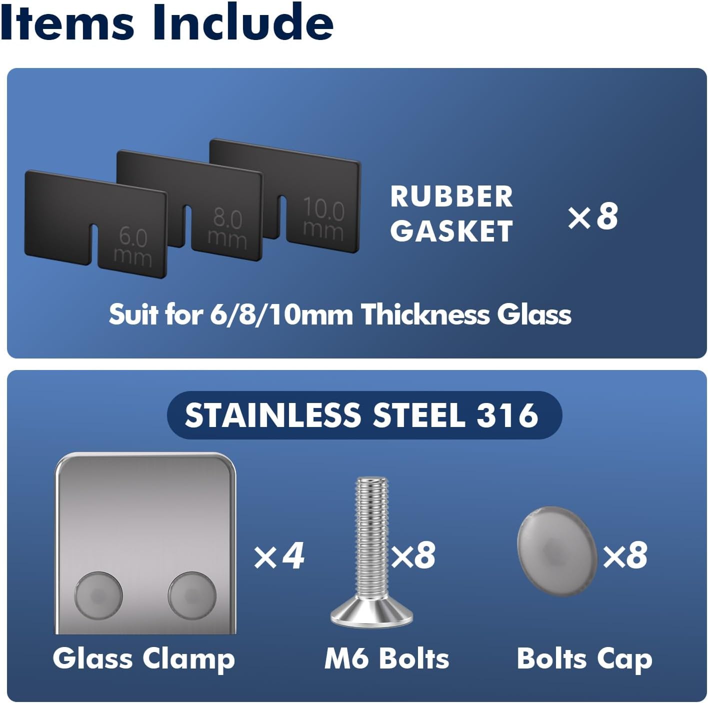 Glass Clamp - Stainless Steel 316, Weight 0.5lbs, Flat Back Square 1/4 "-3/8" (6mm-10mm) Tempered Glass Clip Holder Polished for Balustrade Handrail (AISI 316-Brushed, 4 Pack)