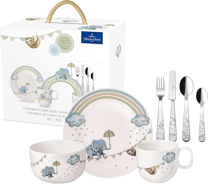 Villeroy & Boch – Boho Kids “Walk like an elephant” Kindergeschirr-Set 7 teilig, Spülmaschinenfest, Mikrowellensicher, Geschirr Besteck Set Kinder, Tiermotiv Elefant und Faultier, Premium Porzellan