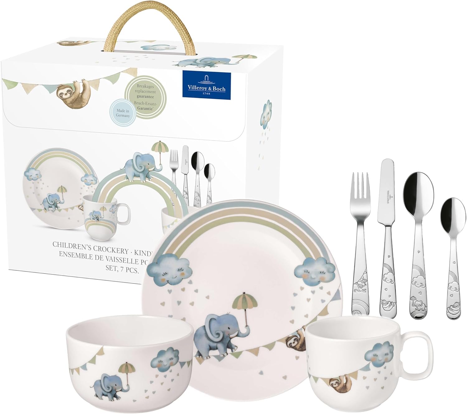 Villeroy & Boch – Boho Kids "Walk like an elephant" Kindergeschirr-Set 7 teilig, Spülmaschinenfest, Mikrowellensicher, Geschirr Besteck Set Kinder, Tiermotiv Elefant und Faultier, Premium Porzellan
