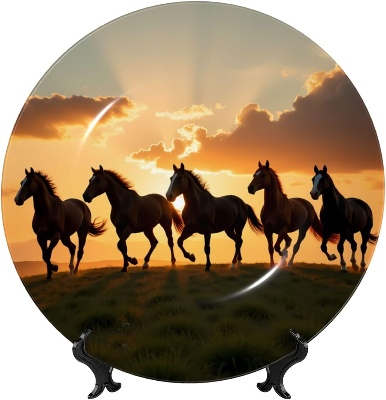 Horses At Sunset Style Ceramic Plate Display Decorative Plate With Stand Wall Hanging Plate For Home Decor 10 Inch