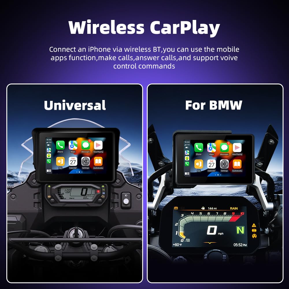 5" Display Moto Wireless CarPlay Android Auto Navigatore IP67 | Display touch IPS 800nit IP67, doppio supporto antifurto a sgancio rapido. Compatibile con moto universali e base BMW.