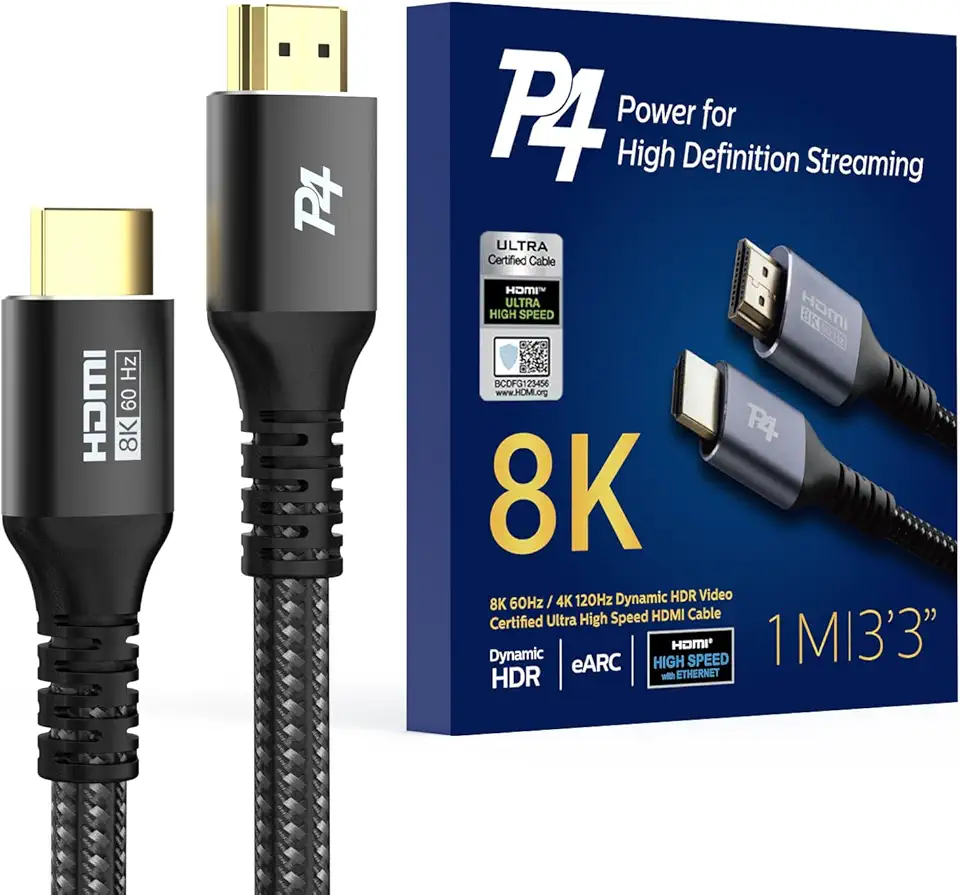 P4 Cabo HDMI 2.1 certificado 8K - Cabo trançado de alta velocidade de 1 m, 8K @60Hz, 4K@120Hz, eARC, HDR10+, Atmos, HDCP 2.3, perfeito para Apple TV, Roku, PS5, Xbox, projetor, monitor
