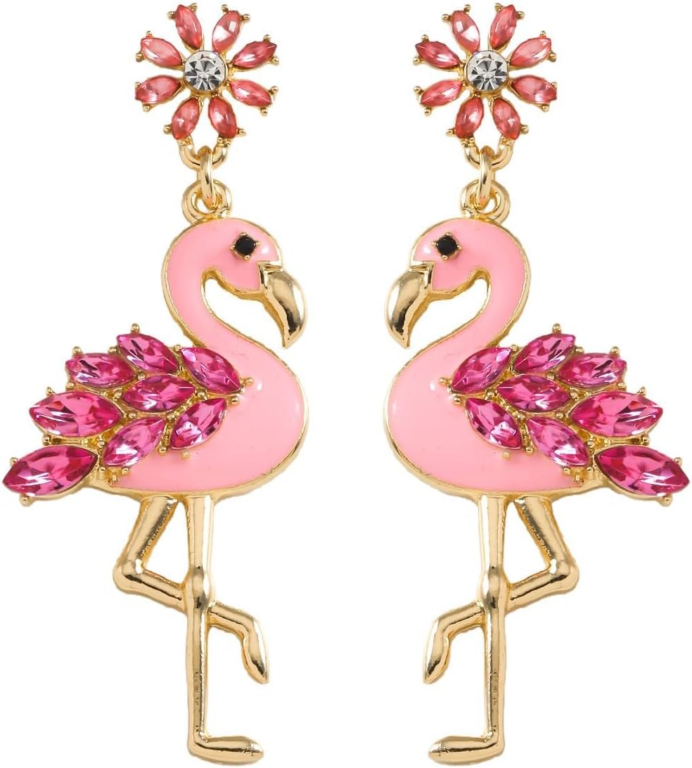 Handmade Boho Pink Beaded Flamingo Earrings Crystal Flamingo Drop Dangle Earrings Animal Flamingo Statement Jewelry For Women