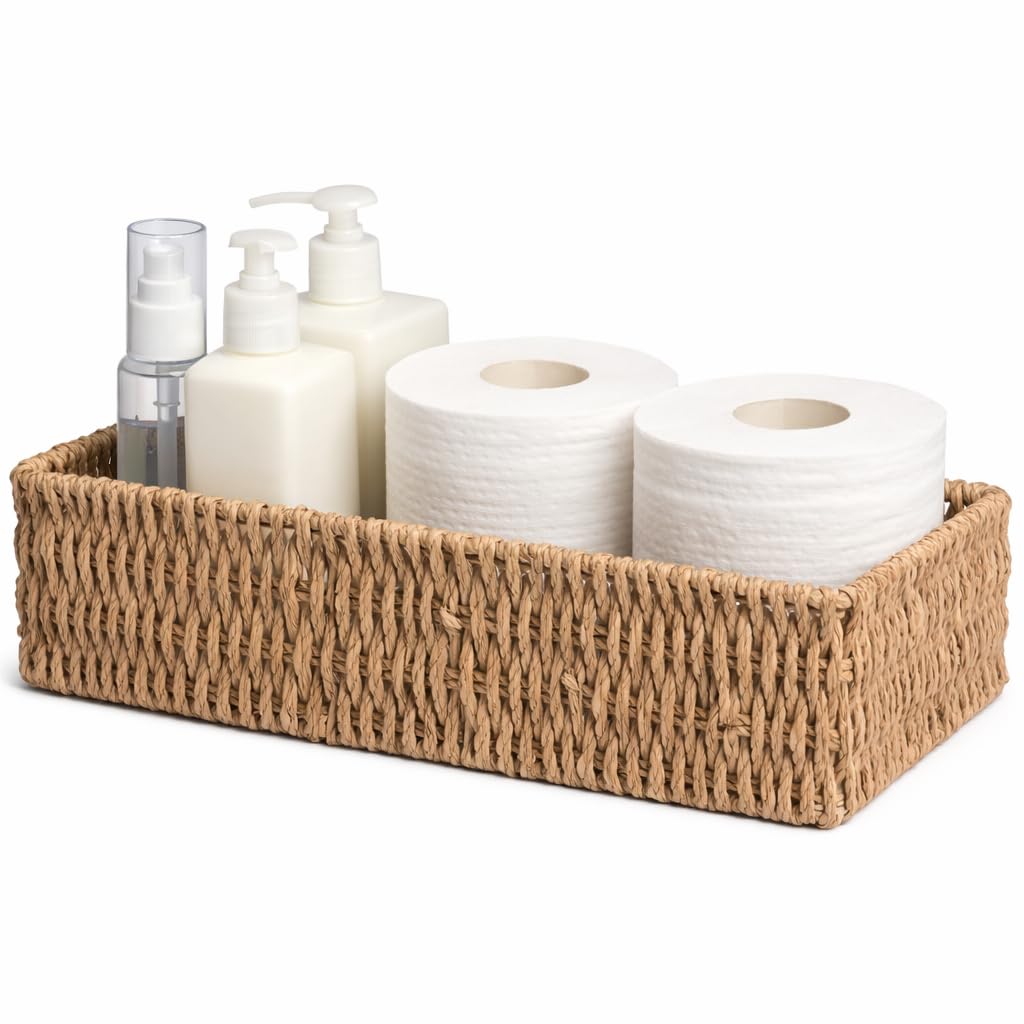SUPTINWEAR Handwoven Seagrass Bathroom Organizer Baskets Set of 2, Decorative Storage Bins for Toilet Tank, Vanity Counter, Shelf Organization, Farmhouse Boho Decor