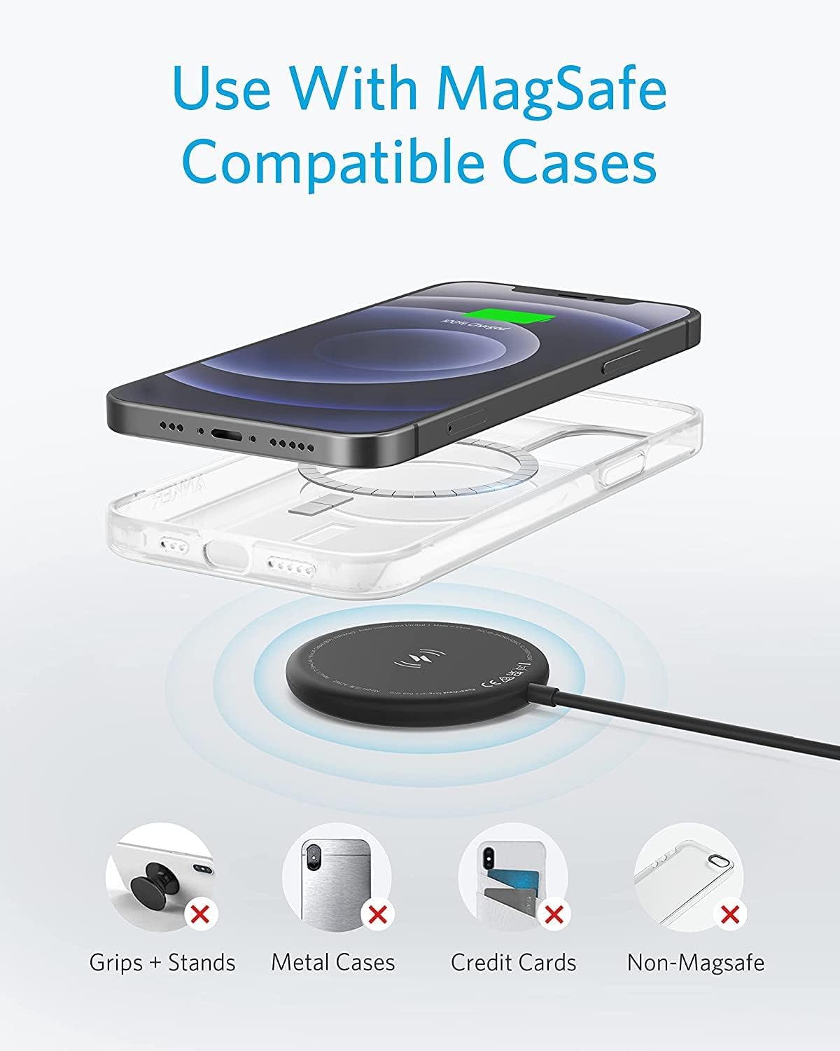 Anker Magnetic Wireless Charger, 5ft USB-C Cable with Detachable USB-A Connector, PowerWave Magnetic Pad Slim Only for iPhone 14/14 Pro/14 Pro Max/13/13 Pro Max (No AC Adapter)