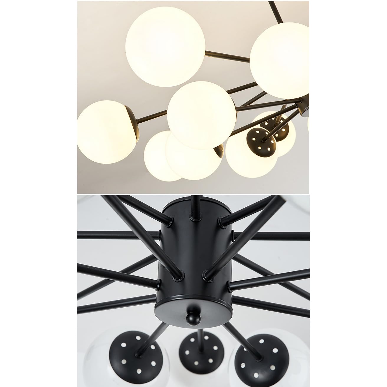 Mid-Century Modern 8-flammiger Sputnik-Kronleuchter, weiße Milchglasschirme, schwarze Industrie-Deckenleuchte, mattierte Bubble-Gold-Pendelleuchte für Wohnzimmer, Esszimmer, Schlafzimmer, Küche
