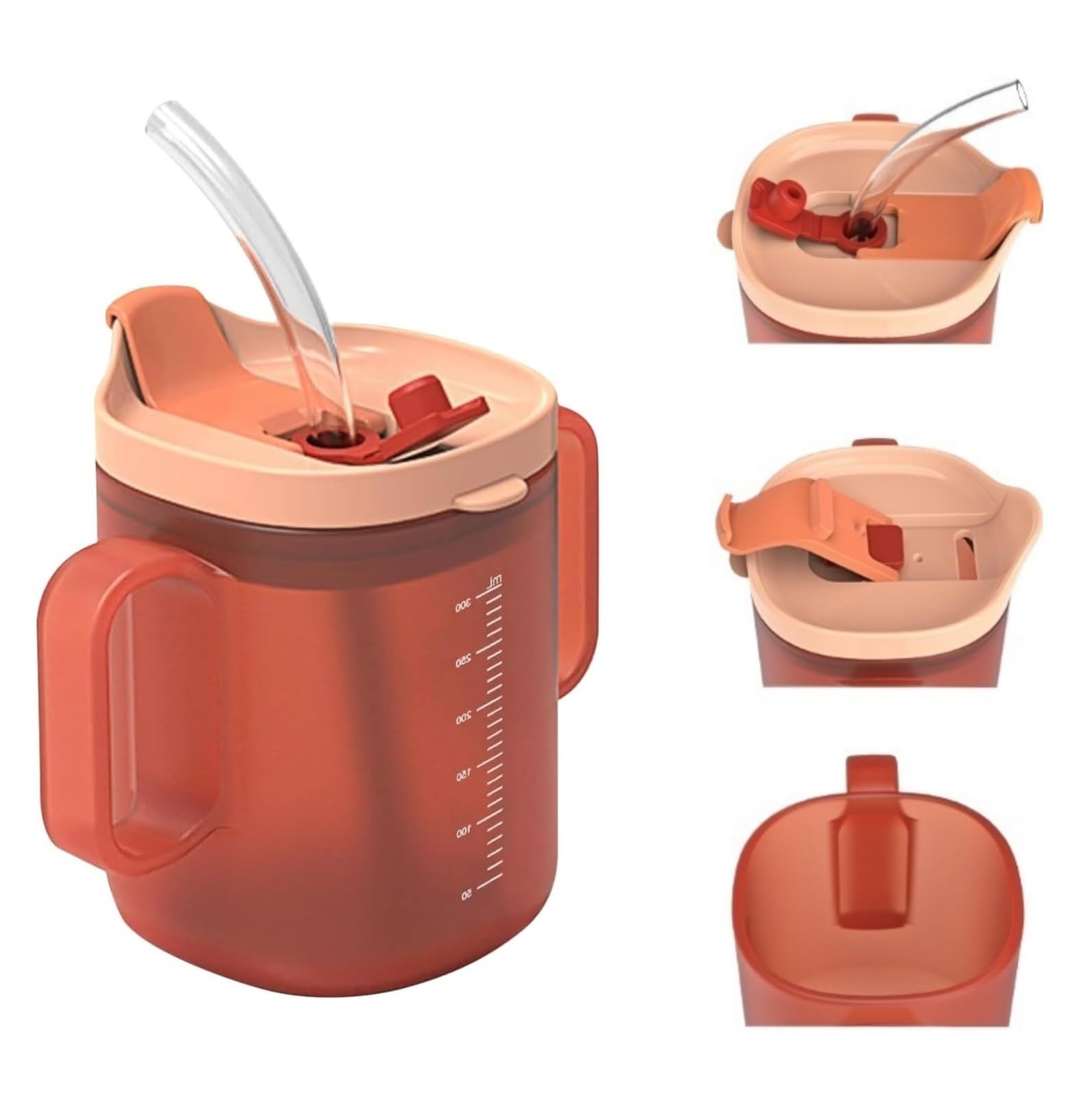 xyunluk Senior Water Cup 300ml Spill-Proof Cup With Handles Feeding Cup With Lid And Straw For Patients Senior Drinking Mug Senior Care Cup For Patients Elderly Pregnant Disabled(Coral Orange 300mL)