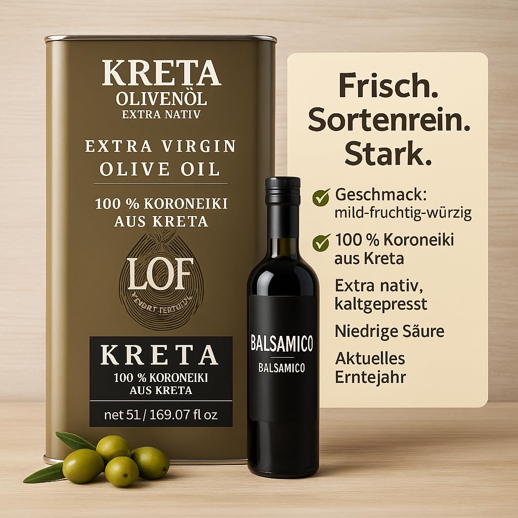 Kreta Natives Olivenöl extra (Koroneiki), frische Ernte – Set: 5 L Kanister + Balsamico-Essig 250 ml, kaltgepresst