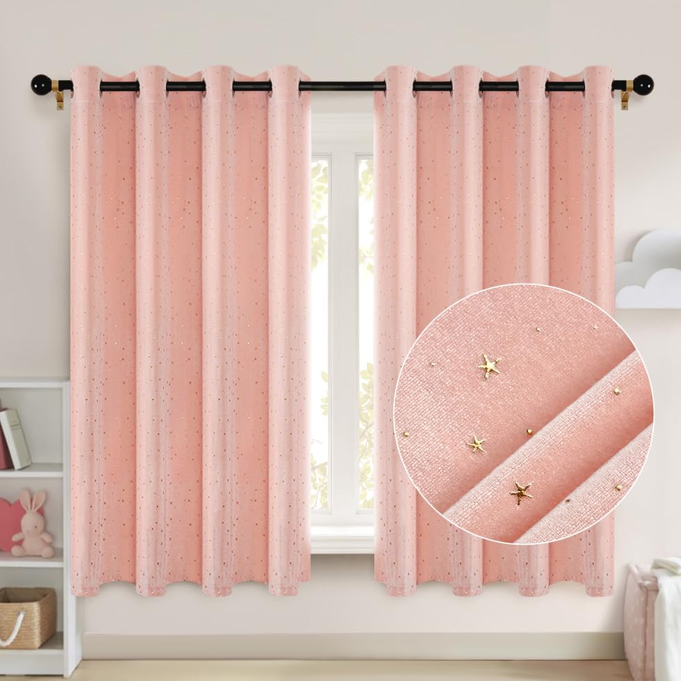 Star Light Filtering Curtains 52 x 54 in Gold Star Curtains Kids Curtains 2 Panel Set Star Pattern Window Curtain for Kids Room Nursery Baby Bedroom Living Room