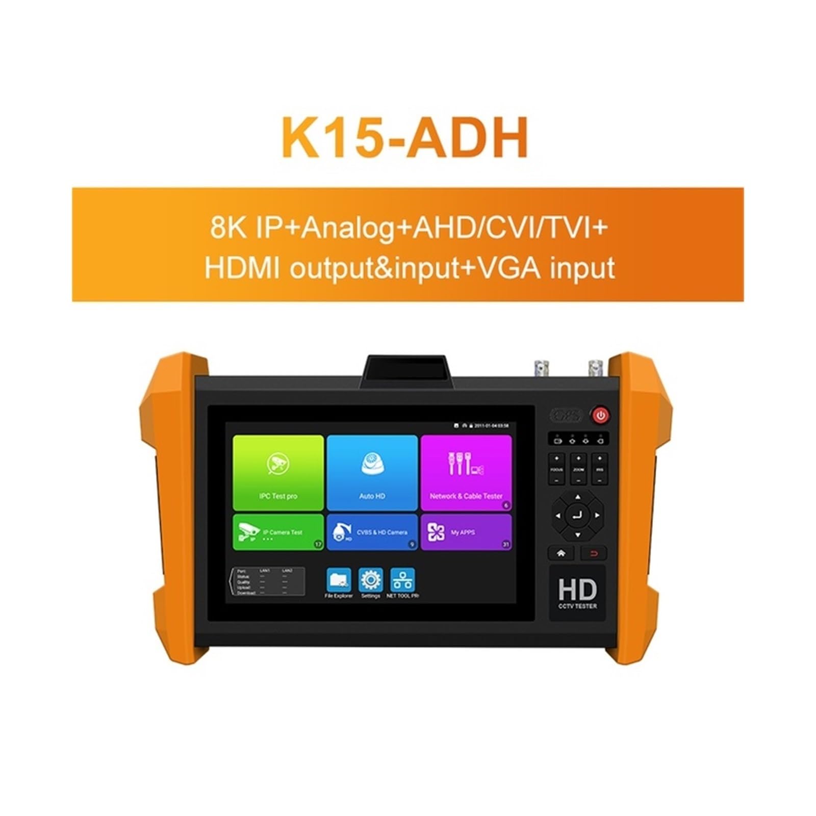 Tester CCTV, 7-calowy 8K tester CCTV H.265 Wielofunkcyjny | Z moduł optyczny SFP AHD CVI TVI SDI Generator pasków kolorów w jednym monitorze testowym do testowania kamer CCTV i IP.