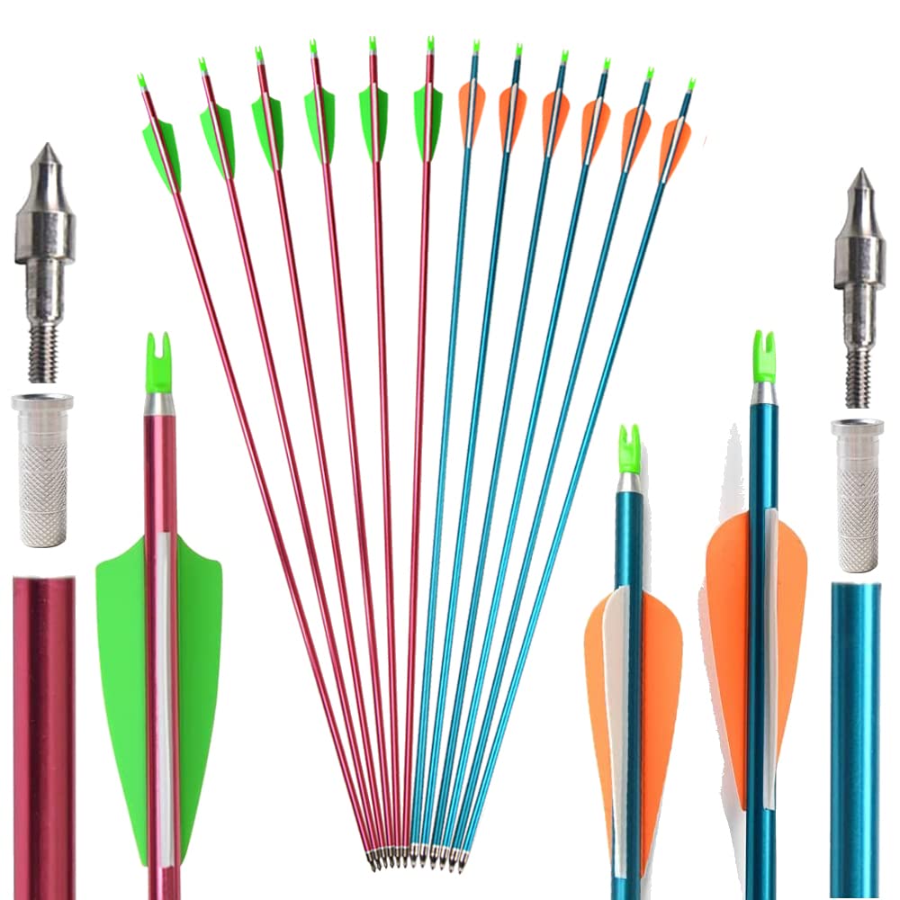 SHARROW 12Pcs Archery Aluminum Arrows 32 Inch Archery Target Arrows Spine 500 Adult Hunting Arrows with Plastic Feathers for Compound Bow Recurve Bow Longbow Bow And Arrow For Hunting (Red+Blue)