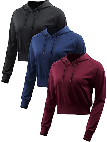 CADMUS Women's Workout Long Sleeve Shirts with Hoodie Sweatshirt Running Crop Top - 77#: 3 Pack, Black, Navy Blue, Red - Large