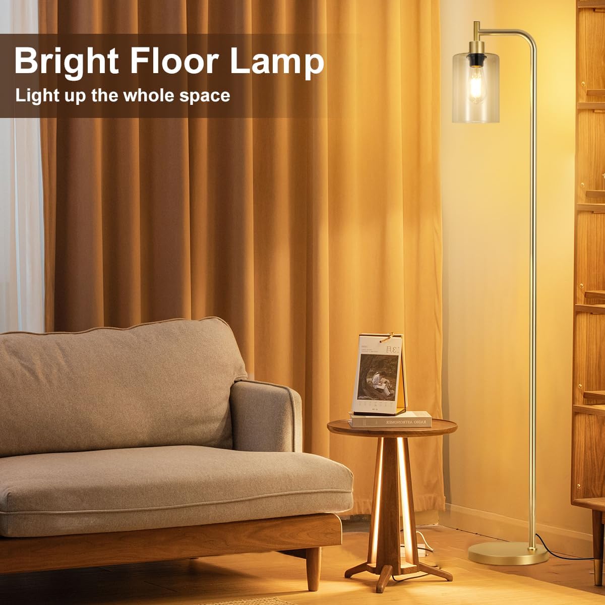 Ziisee Floor Lamps for Living Room - Industrial Standing Lamp with Glass Shade, Modern Gold Floor Lamp with LED Bulbs, Farmhouse Floor Lamp for Bedroom, Tall Lamp for Office - Gold