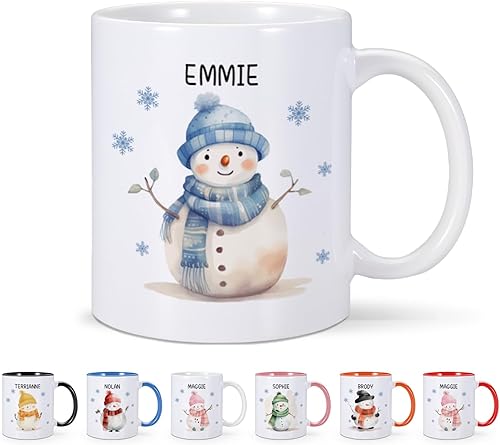 Taza de Navidad con diseño de muñeco de nieve para niños, taza de café de Navidad personalizada para niñas, regalos de Navidad, nombre