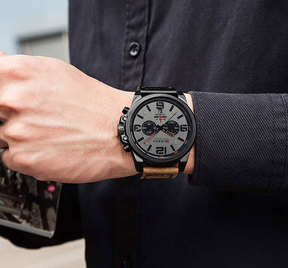 Gosasa Men Sport Chronograph Quartz Watch Brown Leather Strap Date 30M Waterproof Military Male Wrist Watch