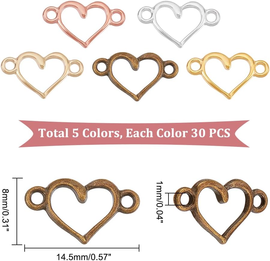 AHANDMAKER 150 Pcs Heart Shape Connectors Charms, 5 Color Alloy Heart Link Charms with Double Loops, Hollow Connector Pendants for DIY Jewelry Bracelets Necklaces Keychain Making, 8x14.5mm - Image 2