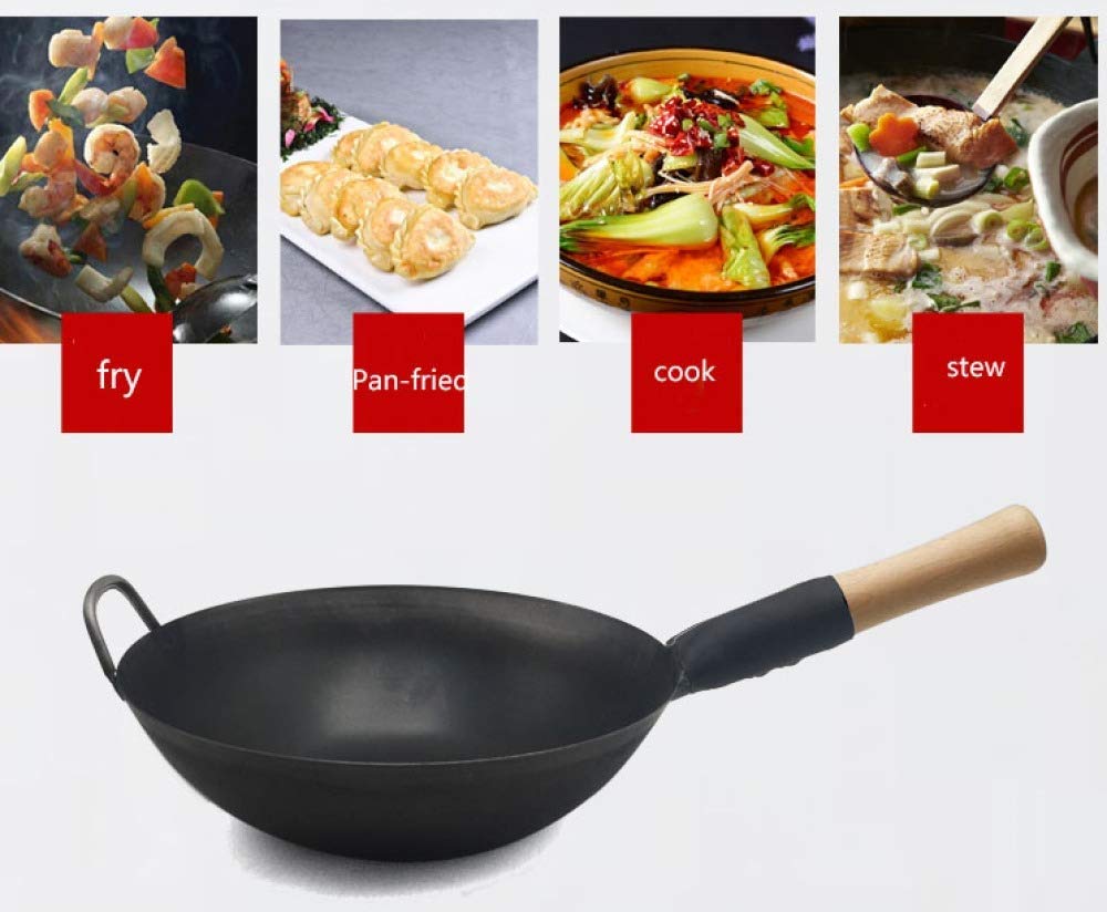 Garnki I Patelnie Kuchenne Wok Patelnia Do Smażenia Z Powłoką Nieprzywierającą Wok Z Kutego Żelaza Z Okrągłym Dnem I Drewnianym Pojedynczym Uchwytem Niepowlekan,Flatbottom-32CM